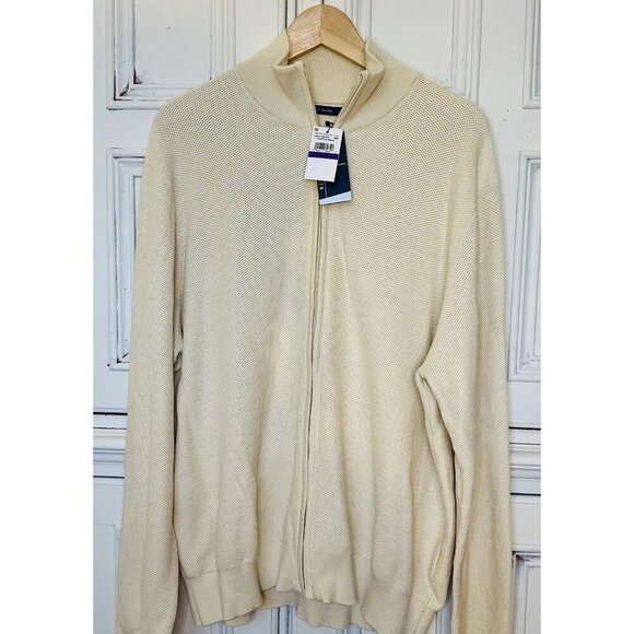 NEW Perry Ellis Men's XXL 100% Cotton Thin Summer Spring Sweater Full Zip Cream - Picture 1 of 11